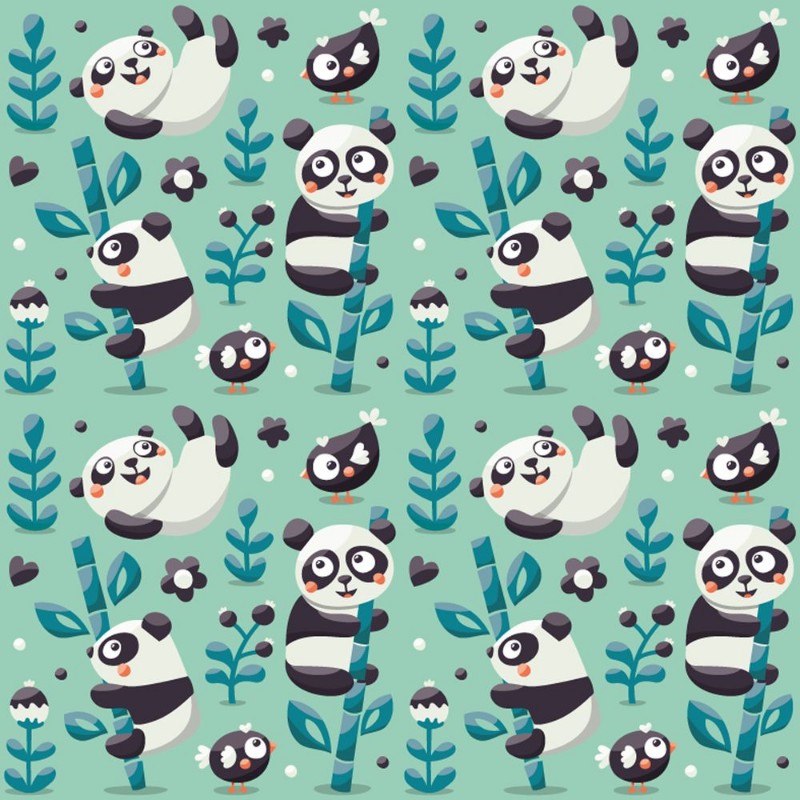 Afbeeldingen van Seamless cute pattern with Panda and bamboo plants jungle bird berry flowers