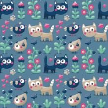 Image de Seamless cute winter pattern made with cats flowers plants footmark hearts berries