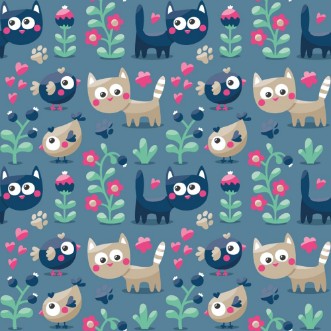 Afbeeldingen van Seamless cute winter pattern made with cats flowers plants footmark hearts berries