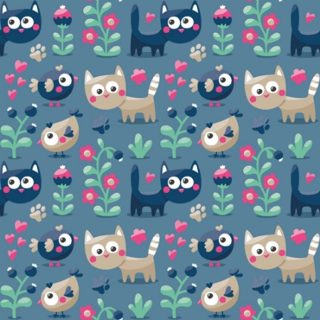 Afbeeldingen van Seamless cute winter pattern made with cats flowers plants footmark hearts berries