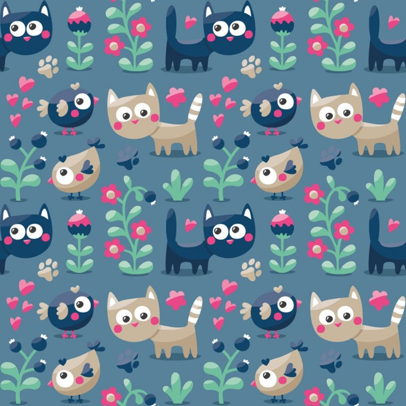 Afbeeldingen van Seamless cute winter pattern made with cats flowers plants footmark hearts berries