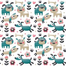 Image de Seamless cute pattern made with dog birds flowers paw trace plants berries