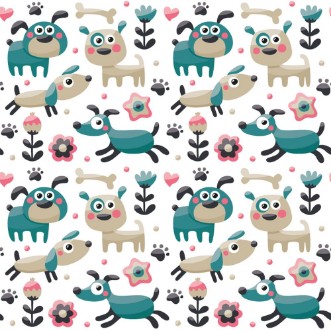 Picture of Seamless cute pattern made with dog birds flowers paw trace plants berries