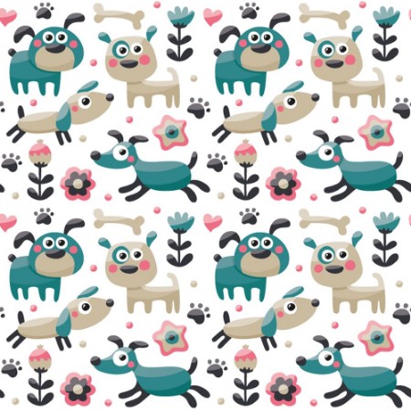 Afbeeldingen van Seamless cute pattern made with dog birds flowers paw trace plants berries