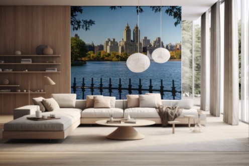 Image de Manhattan Upper West Side with colorful fall foliage and fountain across Jacqueline Kennedy Onassis Reservoir Central Park West  New York City