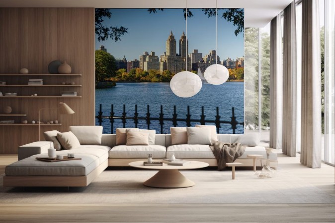 Picture of Manhattan Upper West Side with colorful fall foliage and fountain across Jacqueline Kennedy Onassis Reservoir Central Park West  New York City