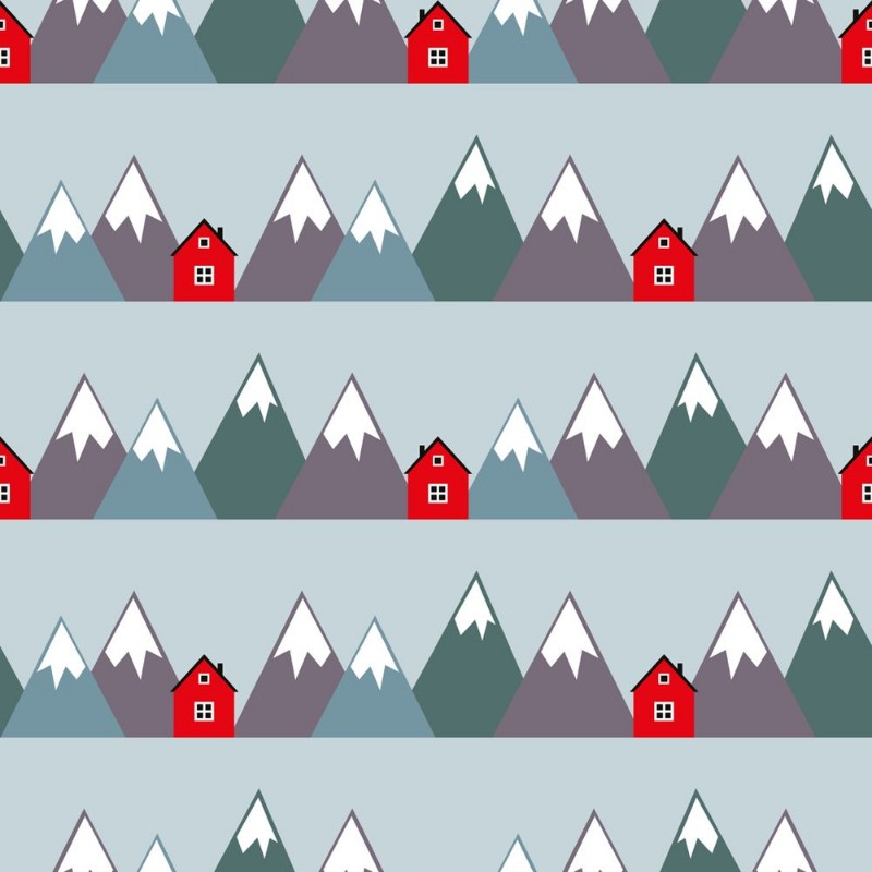 Afbeeldingen van Nordic landscape with red houses and mountains Seamless pattern with geometric snowy mountains and homes Colorful scandinavian nature illustration Vector mountains background