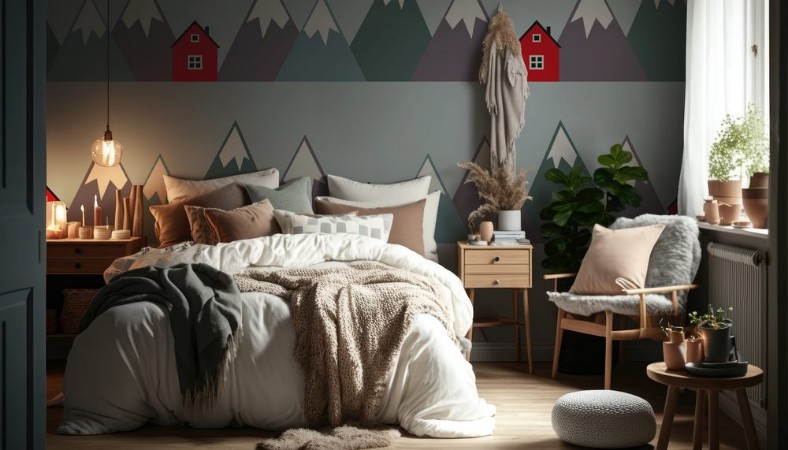 Bild på Nordic landscape with red houses and mountains Seamless pattern with geometric snowy mountains and homes Colorful scandinavian nature illustration Vector mountains background