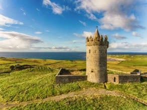 Picture of Aerial Famous Irish Tourist Attraction In Doolin County Clare Ireland Doonagore Castle is a round 16th-century tower Castle Aran Islands and along The Wild Atlantic Way