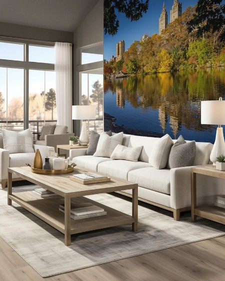 Image de Fall in Central Park at The Lake Cityscape sunrise view with colorful Autumn foliage on the Upper West Side Manhattan New York City