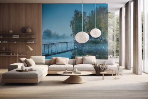 Afbeeldingen van Blue foggy morning with embankment to fishing house