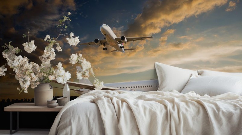 Afbeeldingen van White passenger airplane on airport runway during sunset And aircraft in the sky