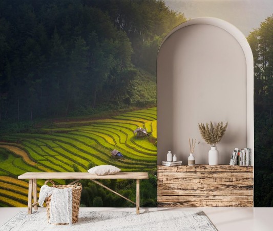 Bild på Sunrise and Beautiful nature  rice fields on terraced of Vietnam Rice fields prepare the harvest at Northwest VietnamVietnam landscapes