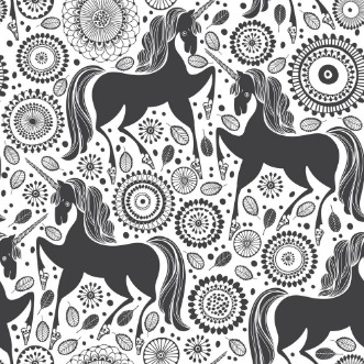 Picture of Fairytale pattern with  unicorns on a floral background Black and white vector illustration