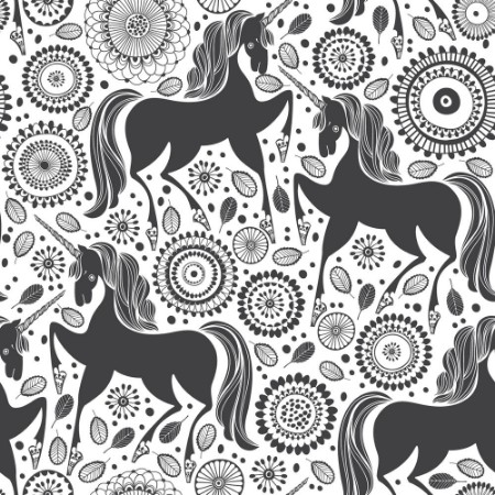 Picture of Fairytale pattern with  unicorns on a floral background Black and white vector illustration