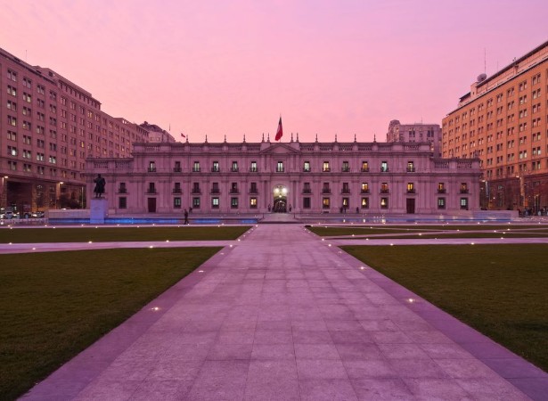 Picture of Chile Santiago Twilight view of La Moneda Palace from the Plaza de la Ciudadania