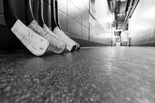 Picture of Black and white macro shot of hockey stick blades - Shallow depth of field