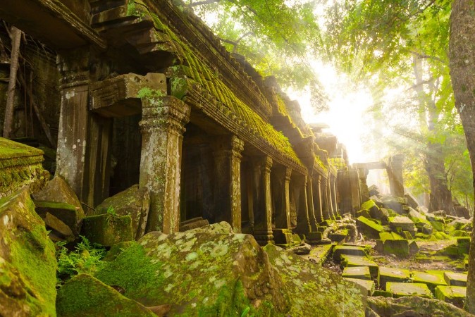 Afbeeldingen van Ancient Ta Prohm Temple in the morning sun rays Angkor Cambodia Ruin