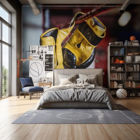 Afbeeldingen van Yellow boxing gloves hanging off the boxing ring