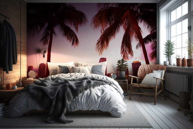 Bild på Miami Florida skyline and bay at sunset through two palm trees 