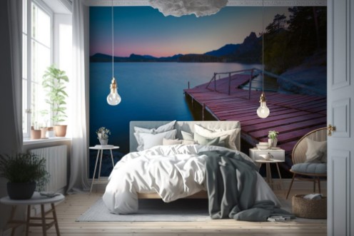 Kép Wooden pier on a blue lake sunset and smooth reflection on water Long exposure Borovoye Lake Kazakhstan