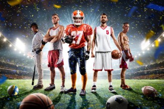 Afbeeldingen van Multi sports proud players collage on grand arena