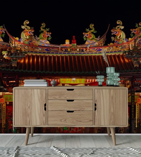 Afbeeldingen van Decorated roof and second floor of traditional old chinese temple Seh Tek Tong Cheah Kongsi in Georgetown Penang Malaysia UNESCO world heritage site Night view