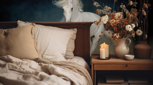 Afbeeldingen van White horse run forward in dust on dark background