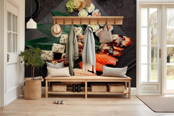 Bild på Japanese cuisine Sushi set on a stone plate and dark concrete background