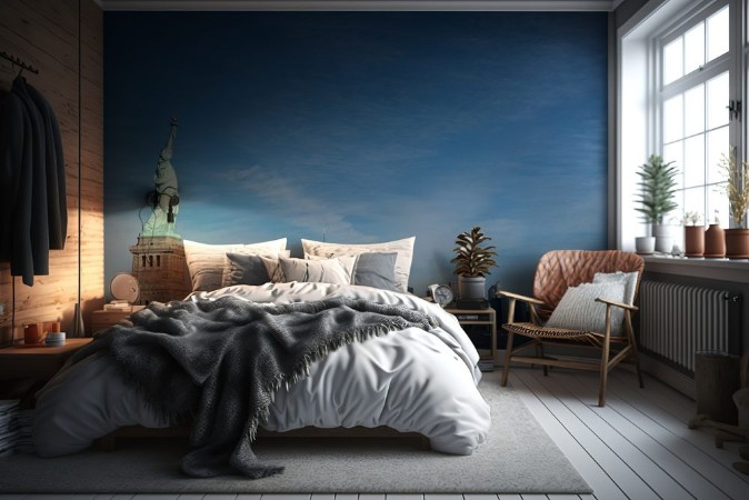 Picture of Statue of Liberty in Profile with Manhattan skyline in background Bright sunny day Wall Street and Financial District of lower Manhattan in the background  View from ferry across the harbor