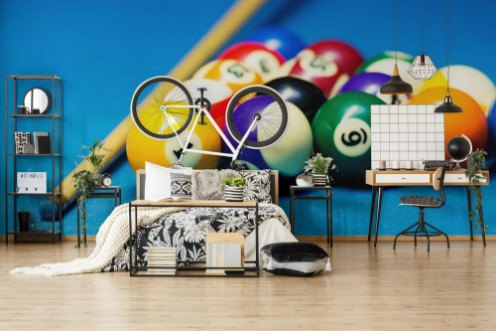 Afbeeldingen van Pool billiard balls and cue on the blue cloth table