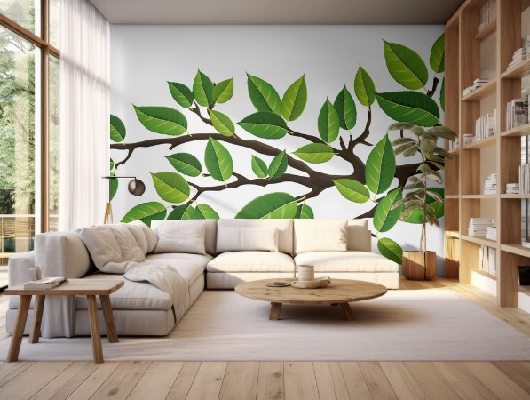 Picture of Horizontal banner with tree branch and green leaf isolated on white For background footer or nature design 