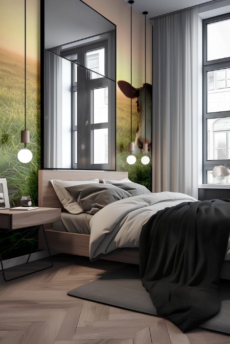 Attēls Relaxed cow on pasture at sunrise