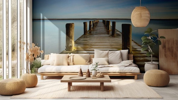 Picture of Wooden Pier with Hoarfrost leads into a calm clear  lake