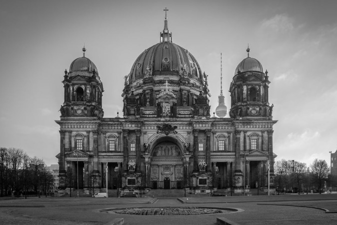 Picture of The Berlin Cathedral on the Museuminsel in Berlin Germany on a morning in February black and white
