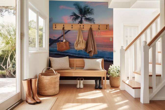 Picture of Blue sky with pink sunset and palm tree as waves roll in