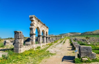 Afbeeldingen van Decumanus Maximus the main street of Volubilis an ancient Roman town in Morocco