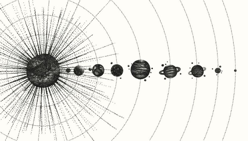 Afbeeldingen van Solar system in dotwork style planets in orbit vintage hand drawn illustration