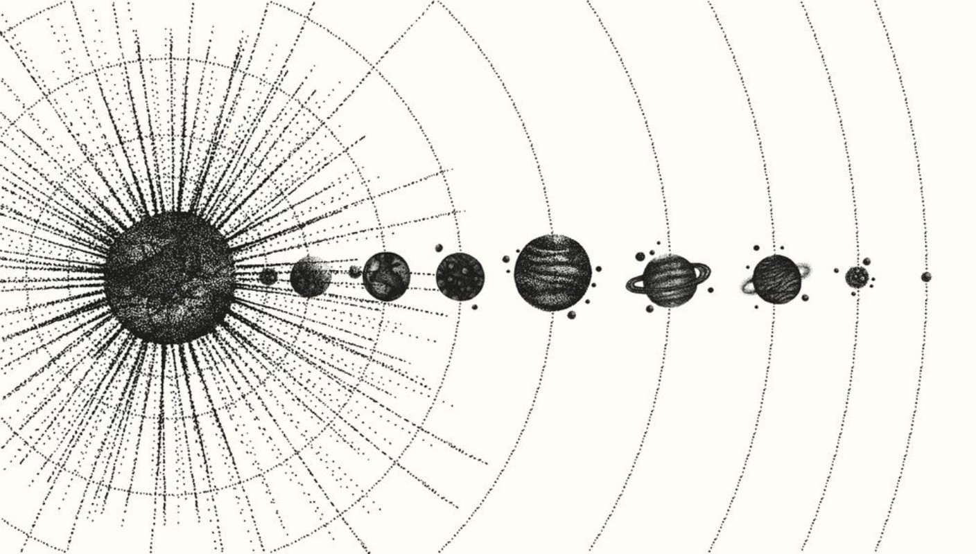 Afbeeldingen van Solar system in dotwork style planets in orbit vintage hand drawn illustration