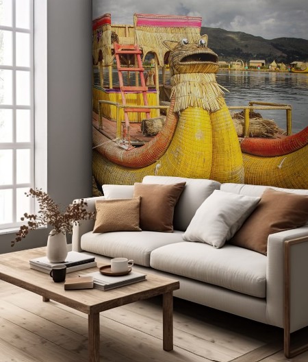 Pilt Traditional reed boat as transportation for tourists Islas es los Uros Lake Titicaca Peru