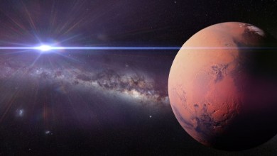 Picture of Mars in front of the local galaxy and sun