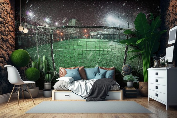 Afbeeldingen van Soccer arena in night illuminated bright spotlights