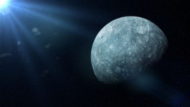 Picture of Planet Mercury in the stars and lit by the Sun