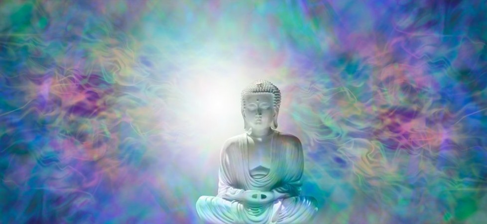 Picture of Pure Enlightenment Buddha Banner - Buddha in meditative lotus position with white light behind head on a beautiful multicolored energy field background  and plenty of copy space 