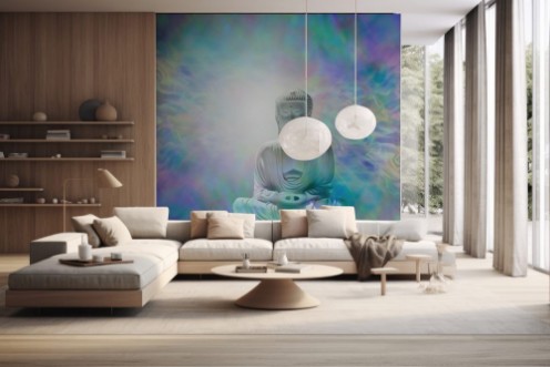 Picture of Pure Enlightenment Buddha Banner - Buddha in meditative lotus position with white light behind head on a beautiful multicolored energy field background  and plenty of copy space 