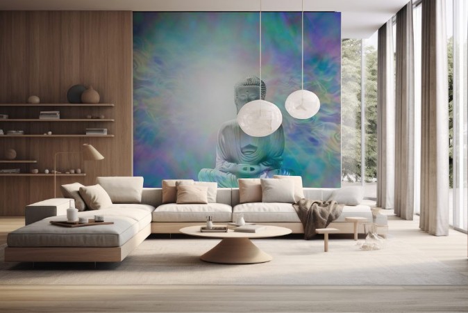 Picture of Pure Enlightenment Buddha Banner - Buddha in meditative lotus position with white light behind head on a beautiful multicolored energy field background  and plenty of copy space 