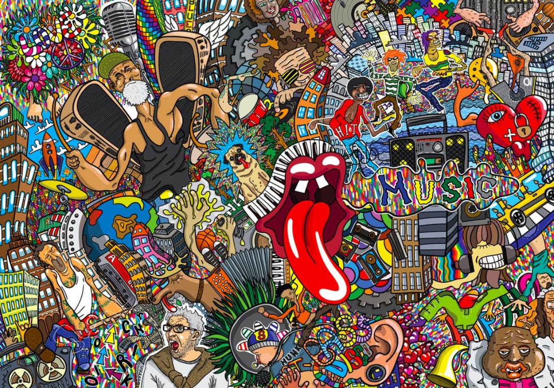 Picture of Music collage on a large brick wall graffiti