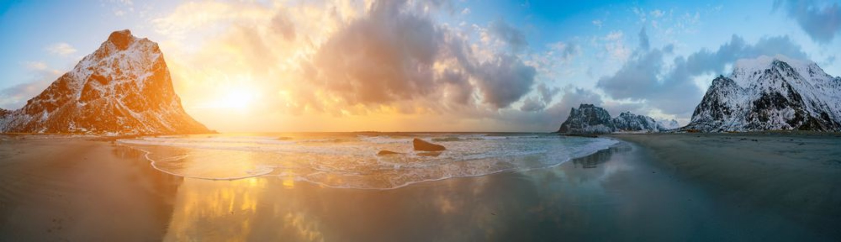 Picture of Sunrise in arctic sea and mountain in horizon