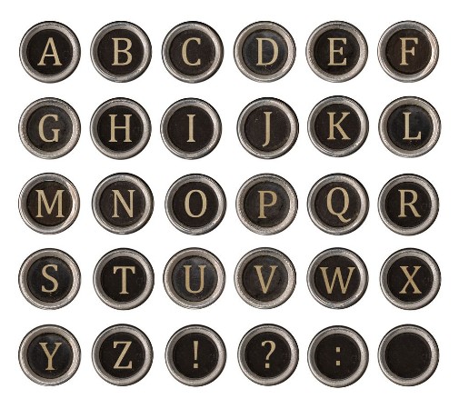Afbeeldingen van Set of old typewriter keys with alphabet on it isolated on white background