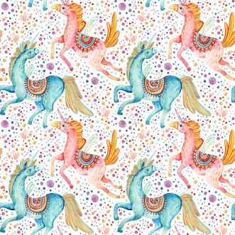 Picture of Watercolor pair of flying unicorns seamless pattern on background with bubbles and hearts
